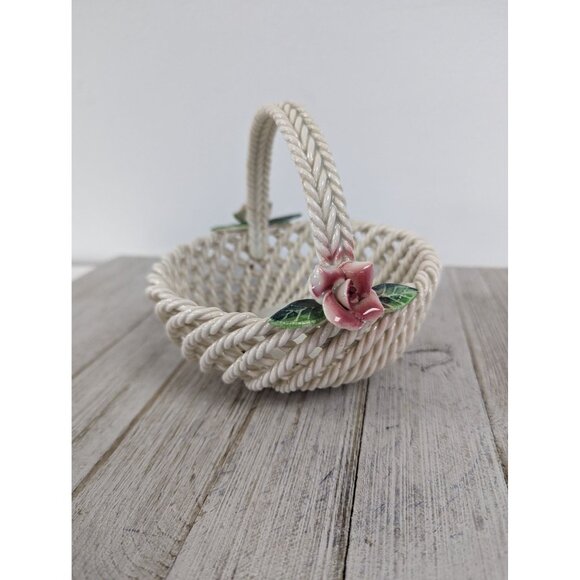 Unbranded Other - Vintage Woven Basket #1 Weave Ceramic Trinket Dish Handle Roses Spain White Pink